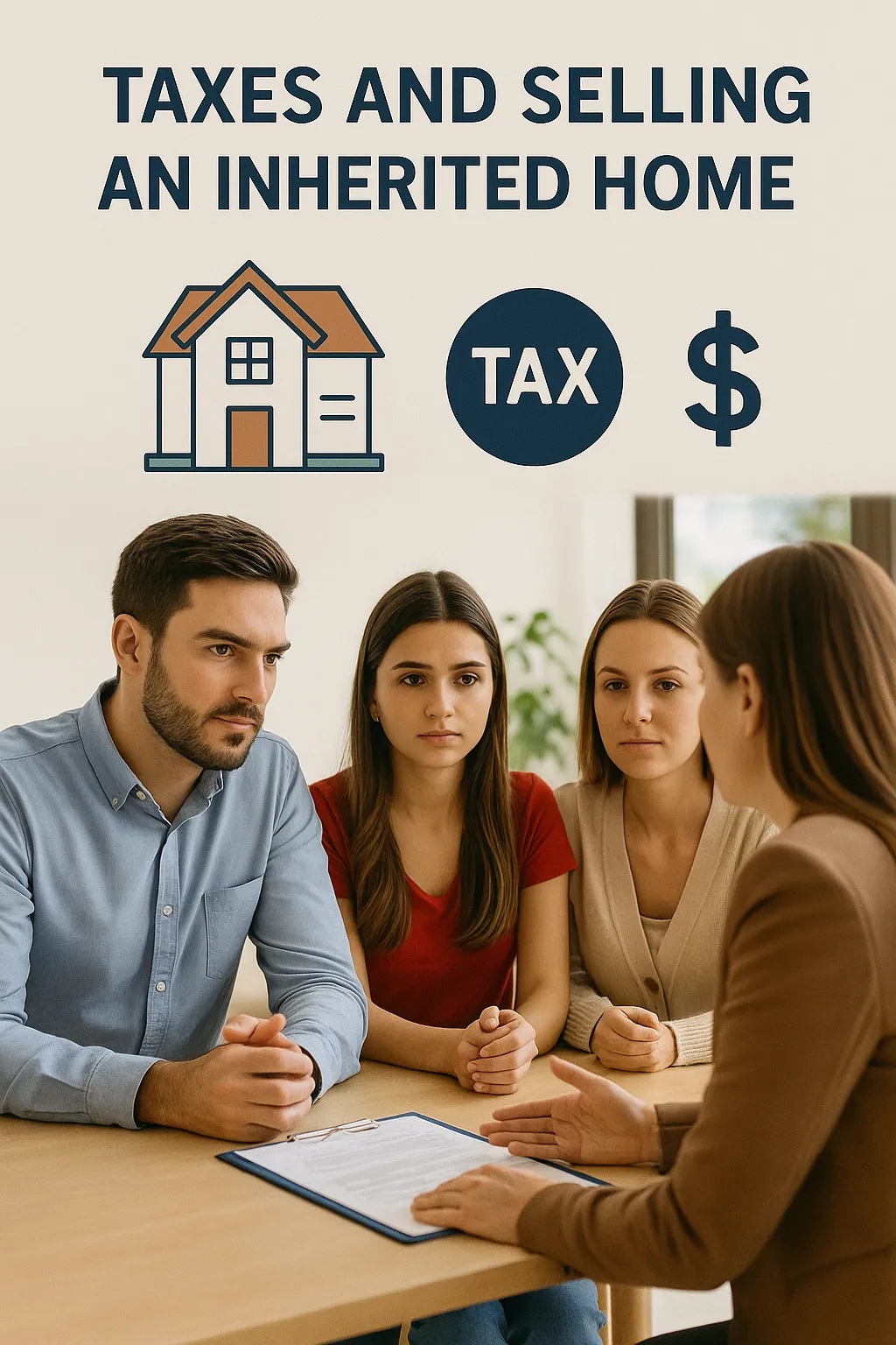 Advisors explaining tax implications of inherited property sales to beneficiaries, including capital gains and step-up in basis.