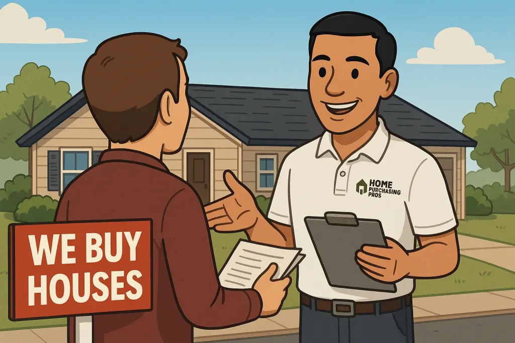 Owner from Home Purchasing Pros, an olive-skinned, clean-shaven man with black hair wearing a white polo shirt with the Home Purchasing Pros logo, standing on a New Jersey suburban street greeting a homeowner with mail, symbolizing trust and support from a local cash home buyer.