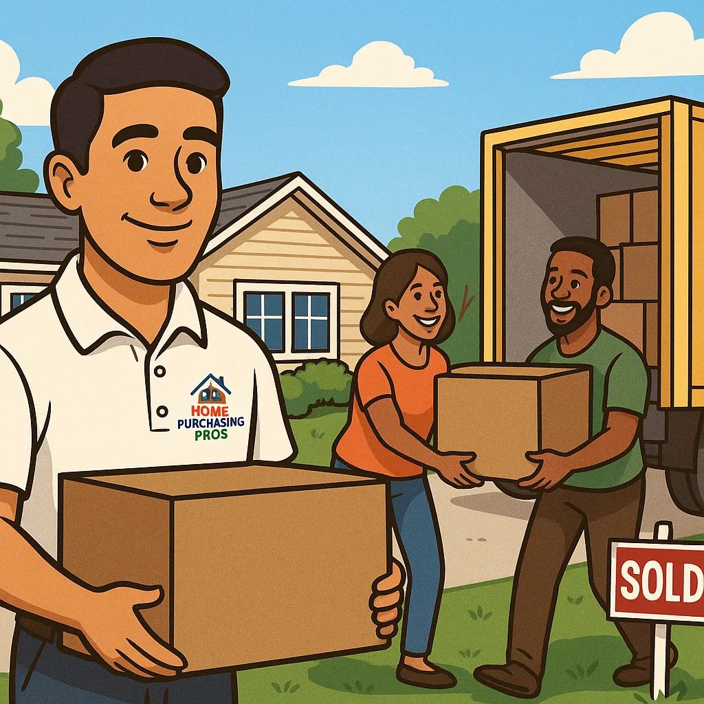 Allan from Home Purchasing Pros, an olive-skinned man with black hair wearing a white polo with the company logo, helping a smiling couple carry moving boxes into a truck with a “SOLD” sign out front, symbolizing teamwork, relief, and a stress-free home sale.
