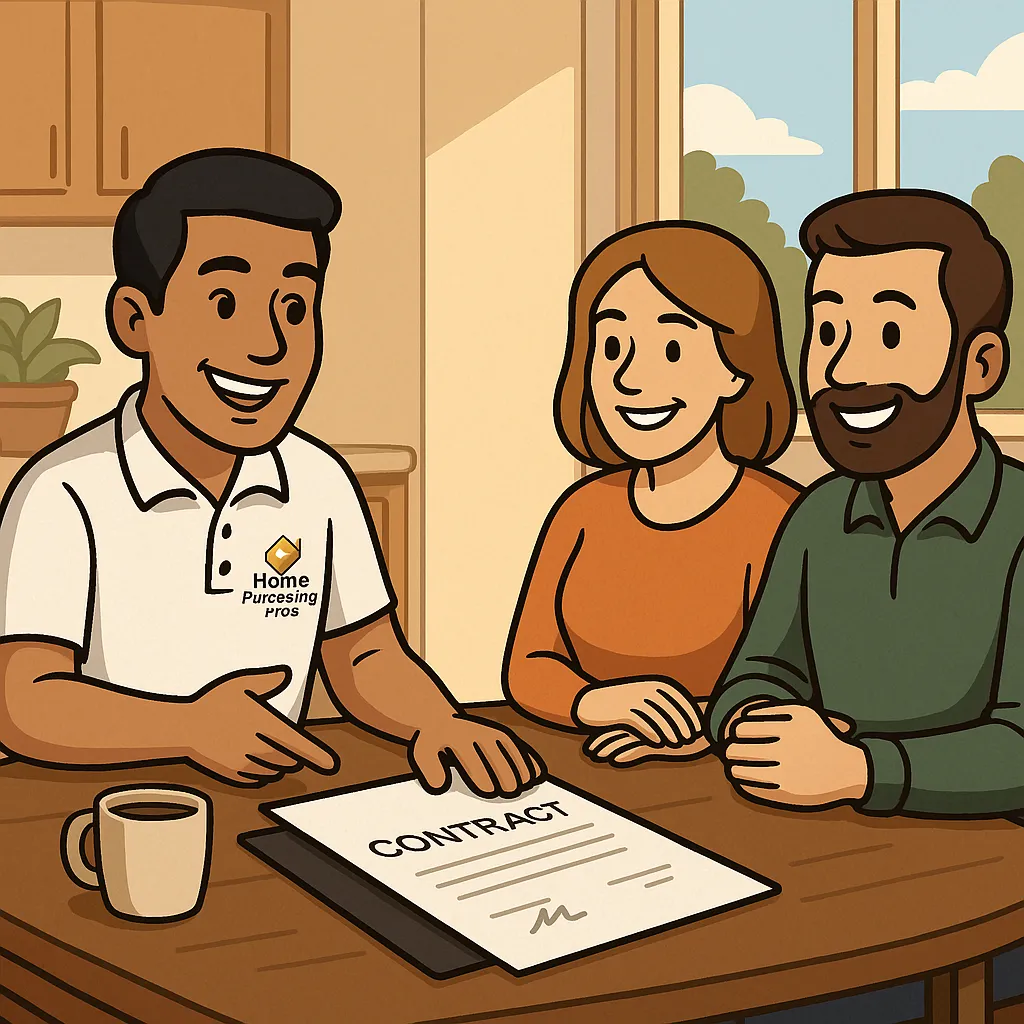 Allan from Home Purchasing Pros, an olive-skinned, clean-shaven man with black hair wearing a white polo with the company logo, sitting at a kitchen table with a smiling couple reviewing a simple contract, symbolizing trust, transparency, and a stress-free home sale process.