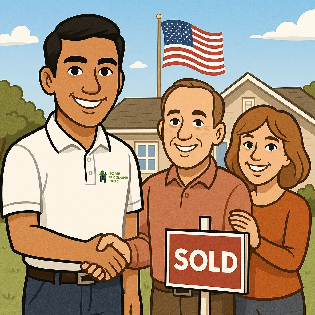 Allan from Home Purchasing Pros, an olive-skinned, clean-shaven man with black hair wearing a white polo shirt with the company logo, shaking hands with a smiling homeowner couple in front of a “SOLD” sign and a house with an American flag, symbolizing trust, integrity, and veteran-owned reliability.