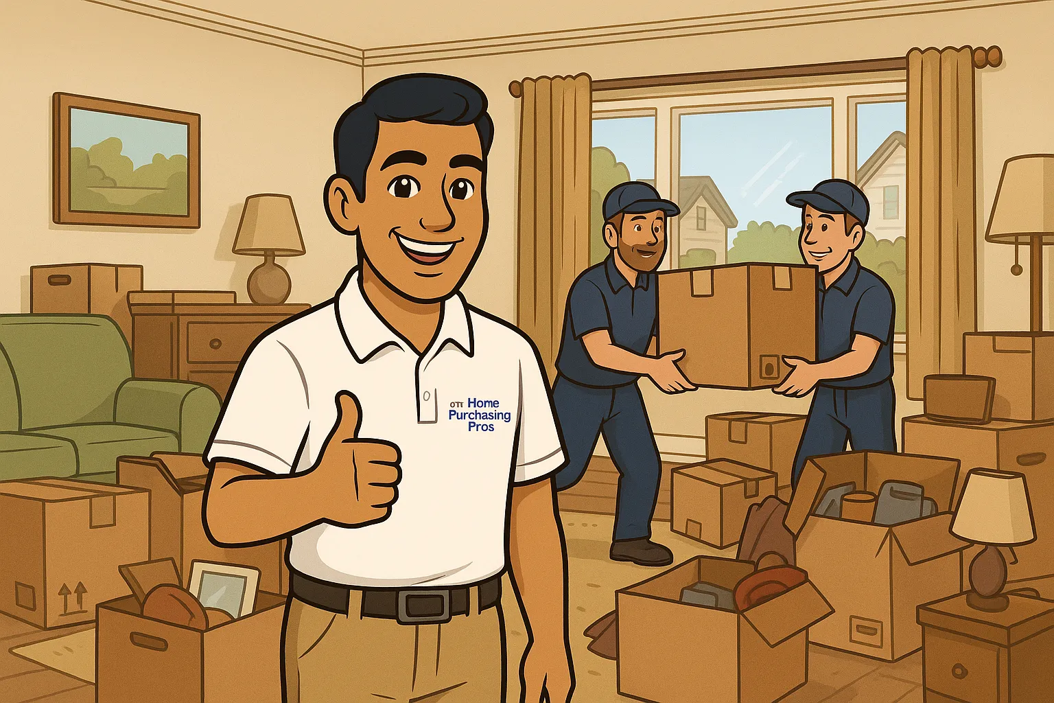 Allan from Home Purchasing Pros, an olive-skinned, clean-shaven man with black hair wearing a white polo with the company logo, standing in a cluttered living room surrounded by boxes and furniture, smiling and giving a thumbs-up while movers carry boxes in the background, symbolizing “no repairs, no judgment, we handle it all.