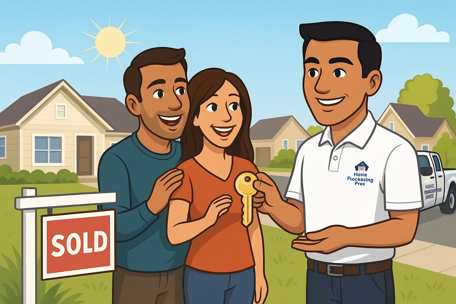 Allan from Home Purchasing Pros, an olive-skinned, clean-shaven man with black hair wearing a white polo with the company logo, handing house keys to a happy couple standing beside a “SOLD” sign in front of their New Jersey home, with bright sunlight and blue sky symbolizing a fresh start and successful home sale.